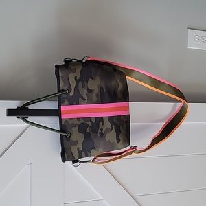 Camo Tote & Matching Wristlet With Pink & Orange Stripe